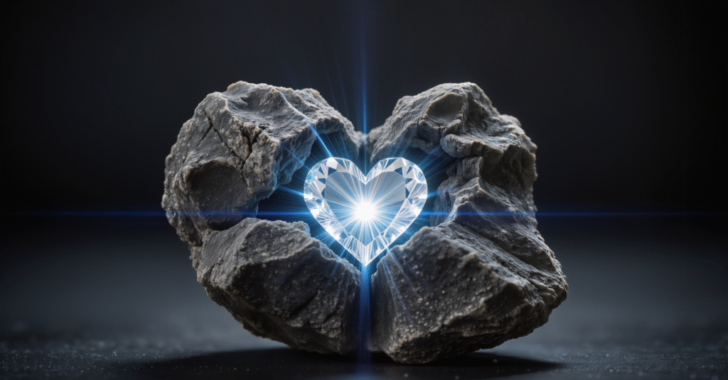 Rough gray stone cracked open revealing a glowing crystal heart