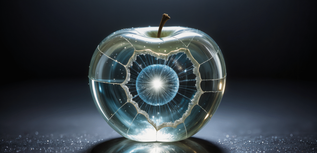 transparent glass apple cracked open with a glowing crystal core inside