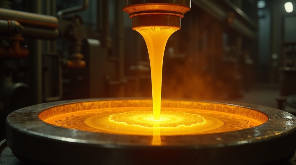 Molten gold liquid pouring into a circular mold