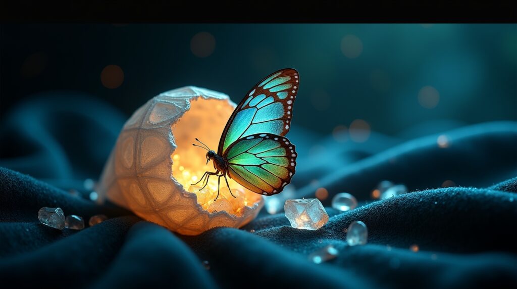Glowing crystal cocoon cracked open with a luminous butterfly emerging