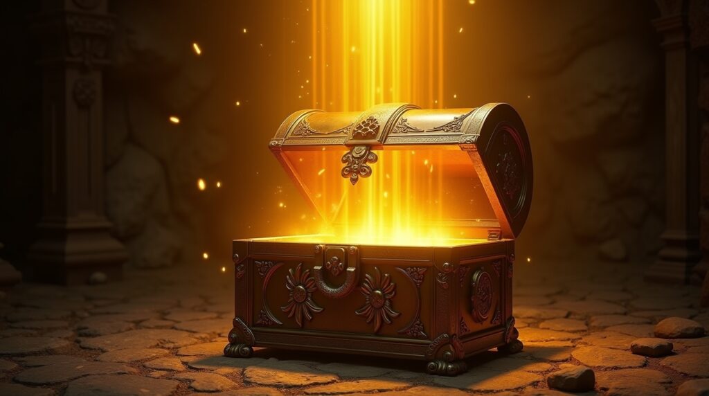 Ancient treasure chest opening with powerful golden light beams