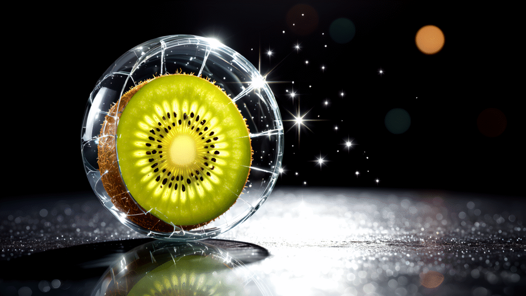 glass kiwi cracked open with sparkling internal light
