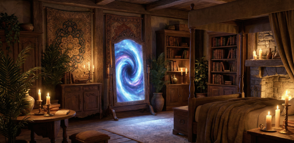 Fantasy bedroom with a glowing magical portal