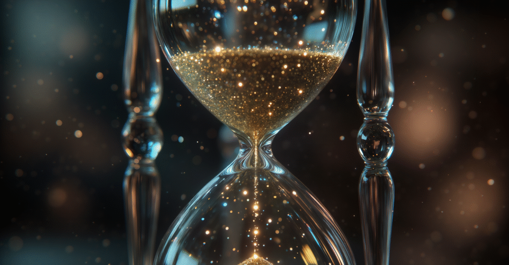 Transparent crystal hourglass filled with glowing light particles
