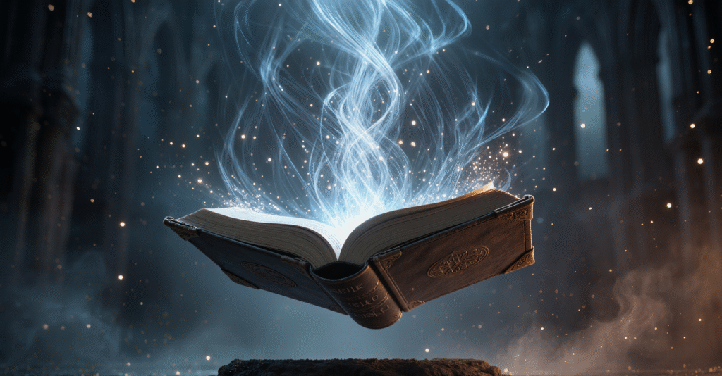 Ancient floating book opening with swirling glowing light portal