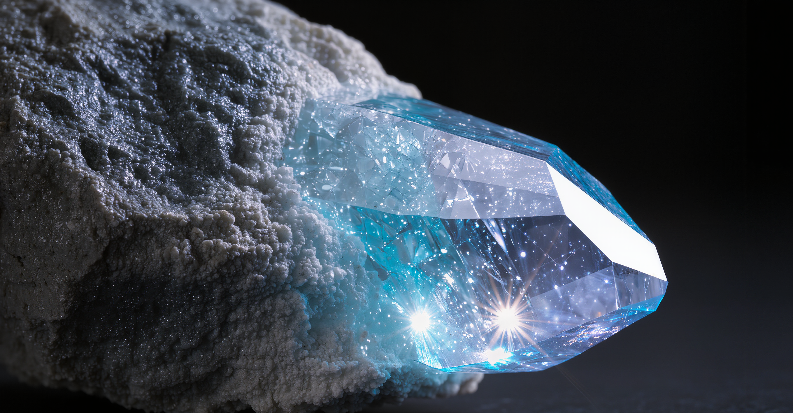 Rough stone halfway transformed into a glowing transparent crystal