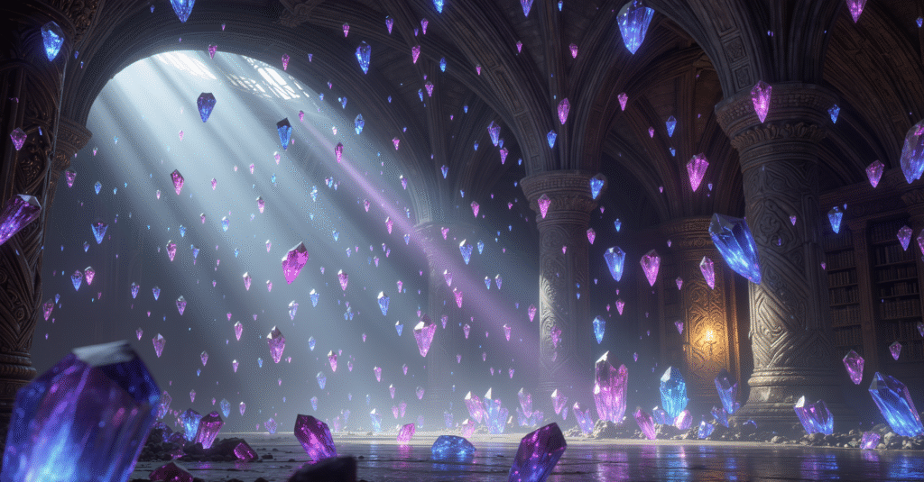Fantasy room filled with floating glowing crystals